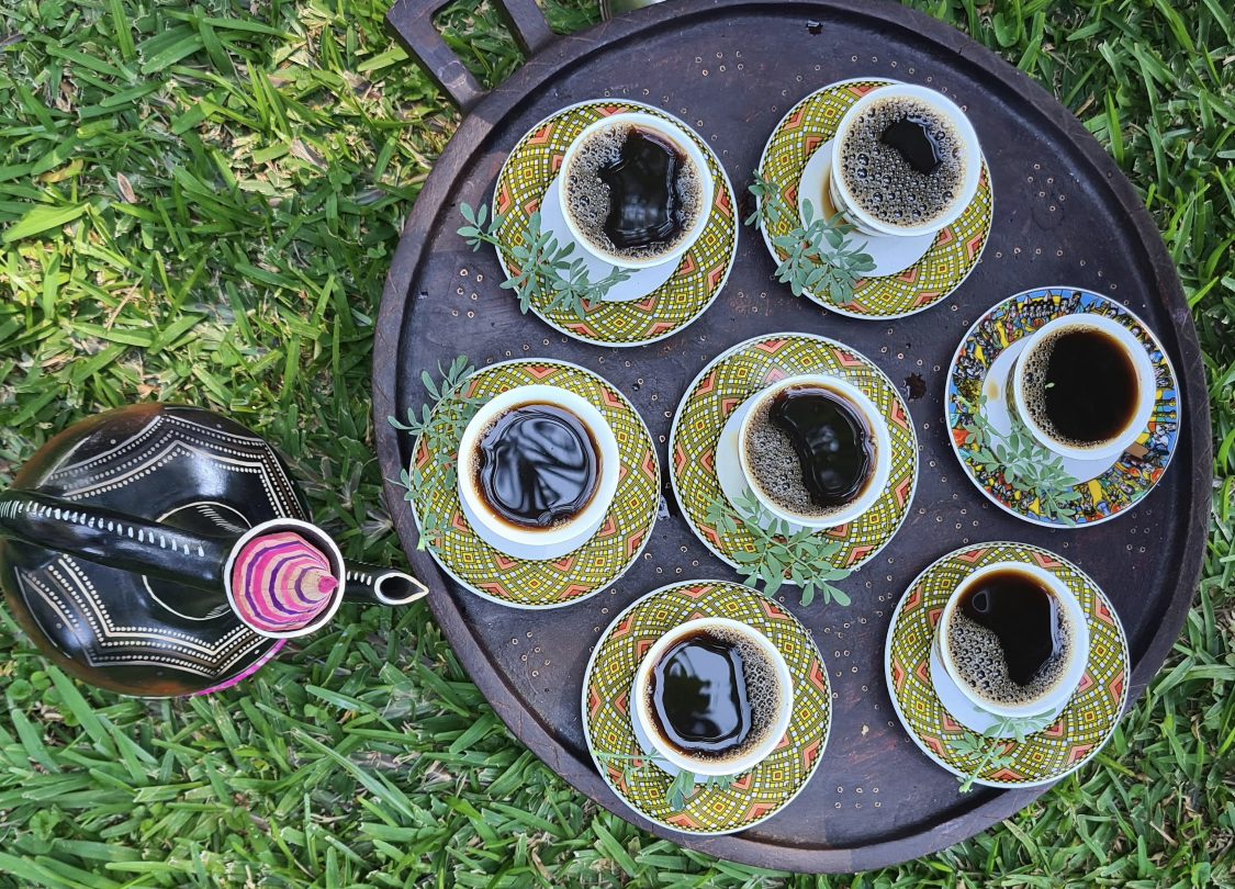 Ethiopian coffee served on a wooden tray
