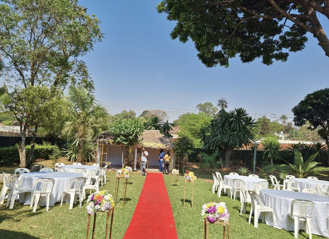 Wedding aisle arranged on Seble's garden lawn